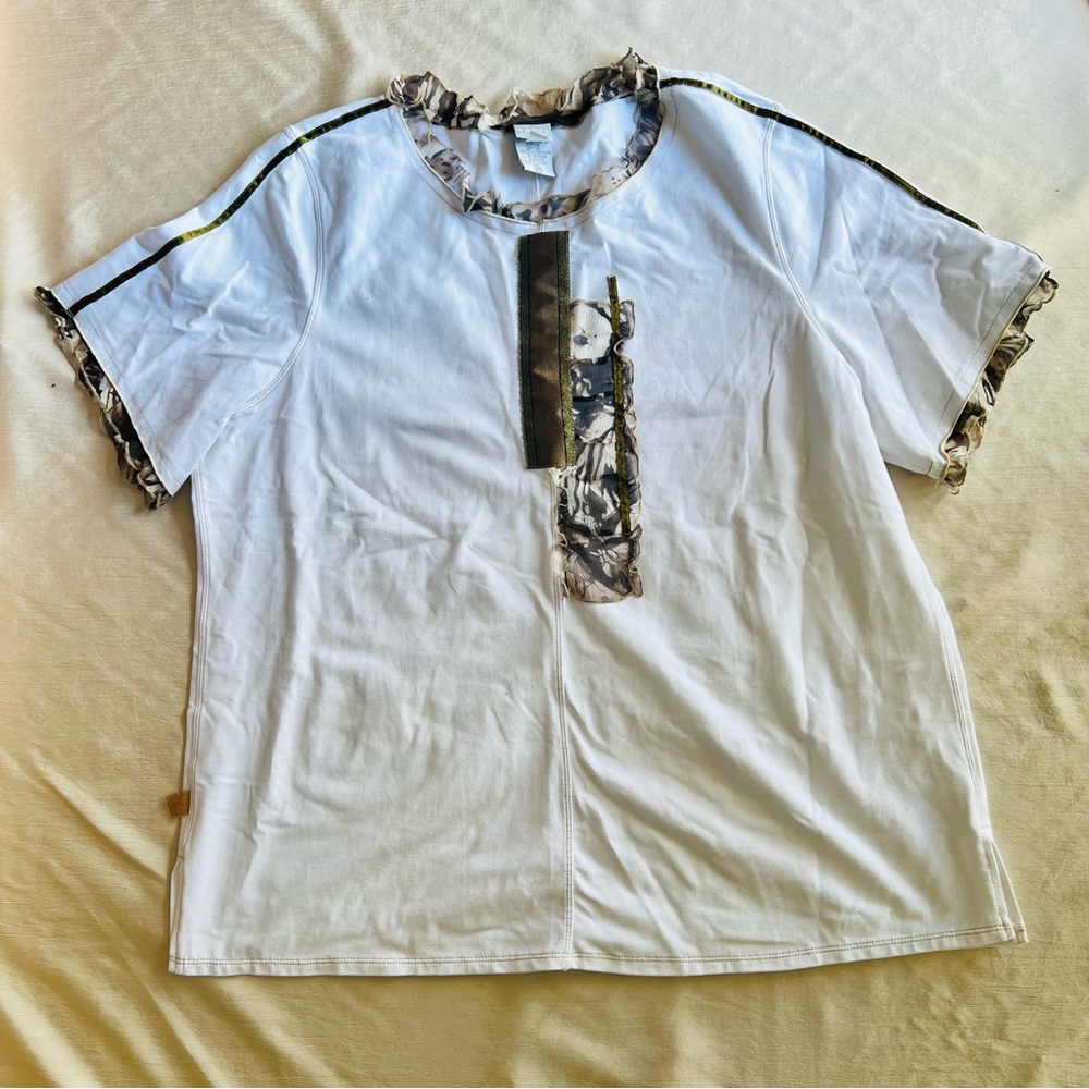 Alain Weiz White Shirt Abstract Geo Gold Brown Silk Accent Short Sleeve Size 20